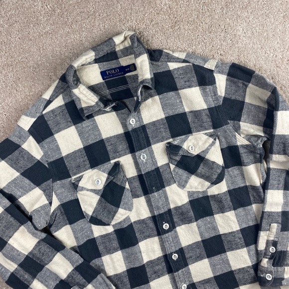 Polo Ralph Lauren Mens Shirt M/M Button Down Flannel Plaid Black Beige Cream - Picture 1 of 8